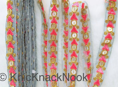 Grey Tissue Fabric Trim with Pink & Gold Embroidery With Gold Sequins, , Lace Trim By 2 Yards Indian Decorative Trim